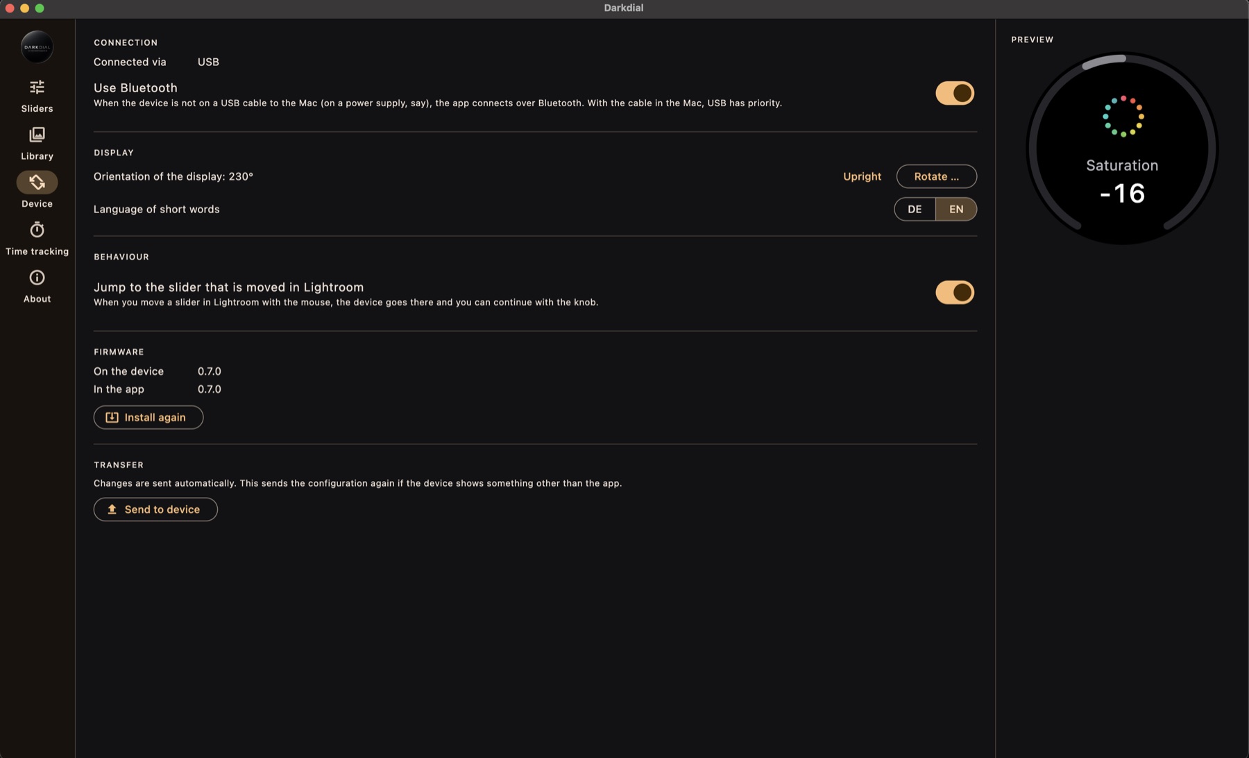 The Device section of the Darkdial app