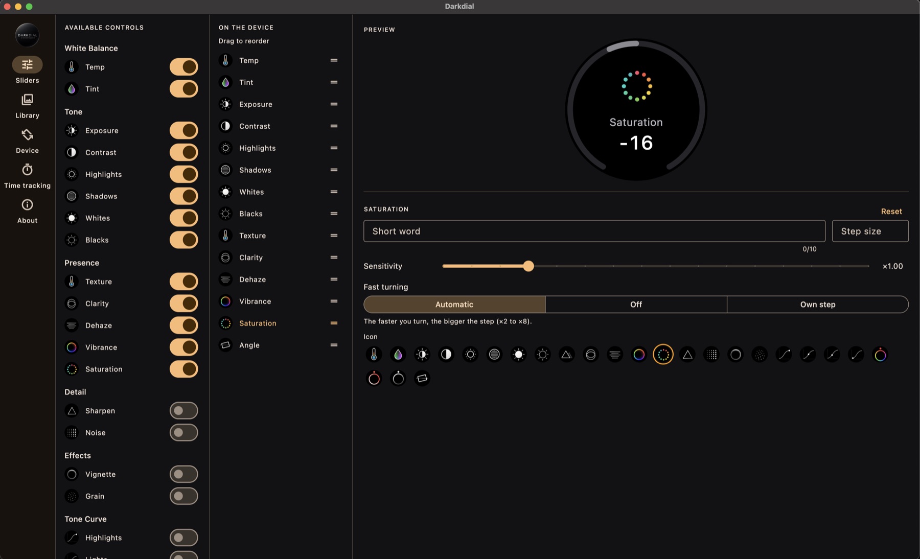 The Sliders section of the Darkdial app